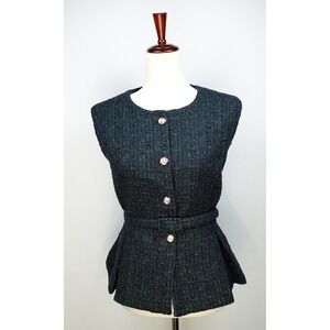 Zara Womens Structured Tweed Vest Belted Peplum Top Navy Green Gold Button L